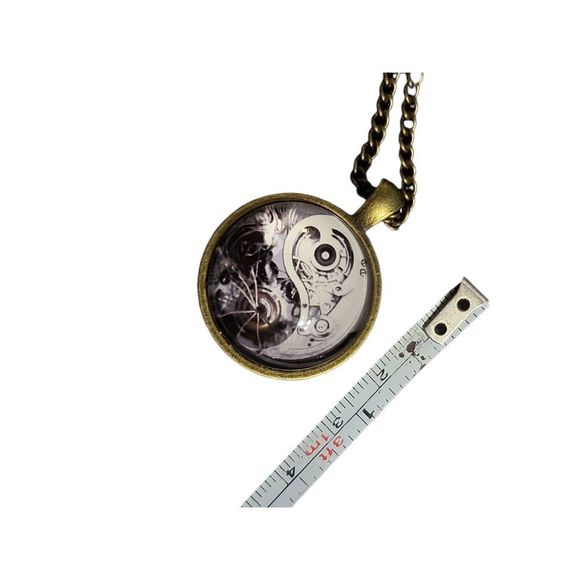 Brass Tone Finish Round Steampunk Yin Yang with magnifying cap Pendant 18" - Picture 2 of 5